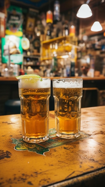 Il y a deux verres de bière sur un bar.