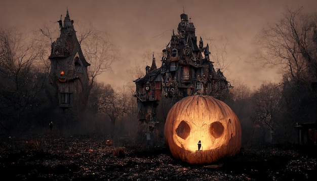 Il y a deux vieilles maisons et une citrouille malade debout dans les bois