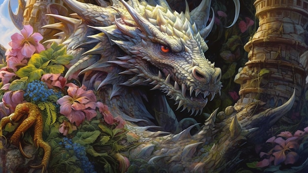 il y a un dragon assis dans un arbre avec des fleurs ai générative