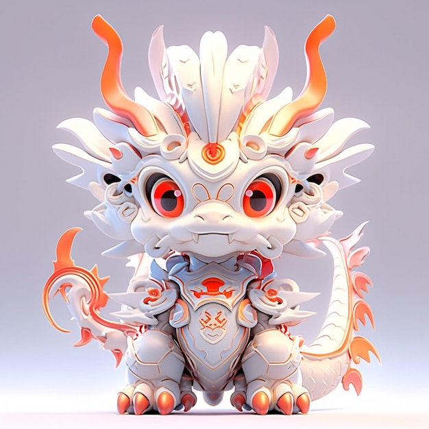 Il y a un dragon blanc avec des yeux rouges et un bouclier sur son dos.