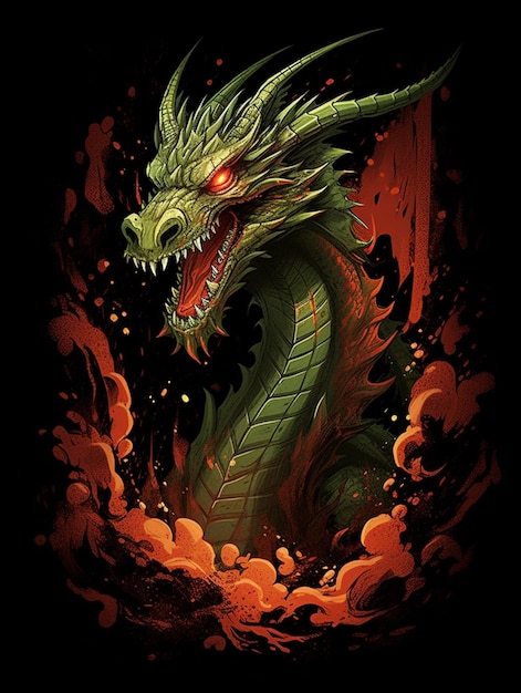 Il y a un dragon avec un œil rouge et une tête verte.