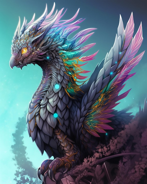 Il y a un dragon avec des plumes colorées assis sur un rocher génératif ai