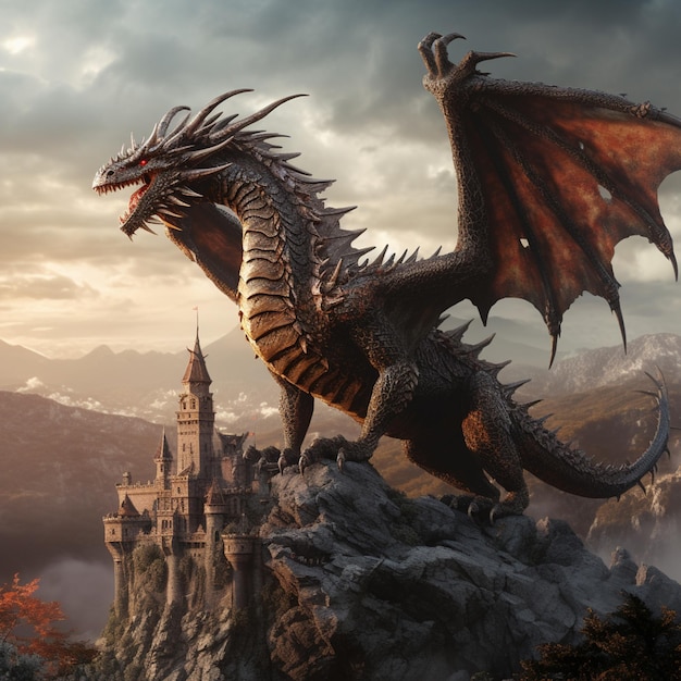 Photo il y a un dragon qui se tient sur un rocher près d'un château ai génératif