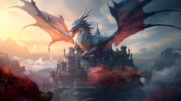 il y a un dragon qui survole un château dans le ciel IA générative