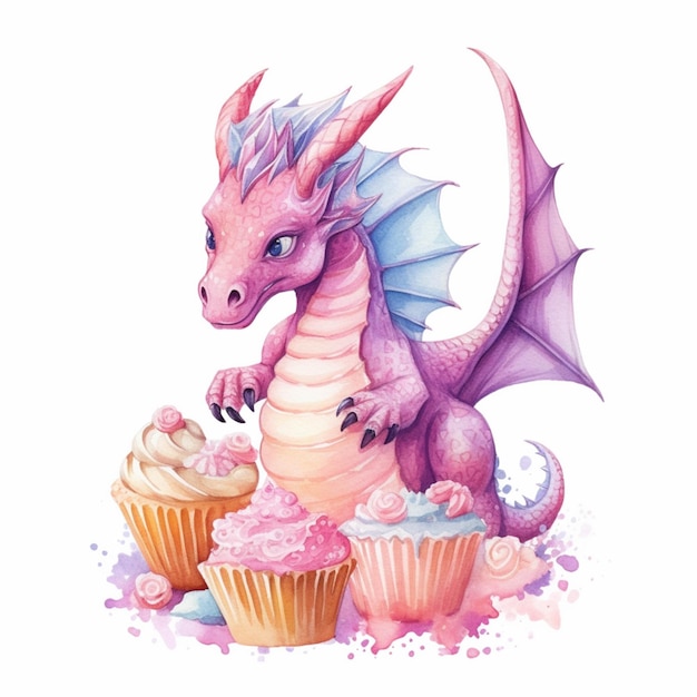 Il y a un dragon rose assis sur un cupcake avec une IA générative de glaçage