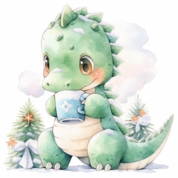 Il y a un dragon vert avec une tasse de café dans sa main.