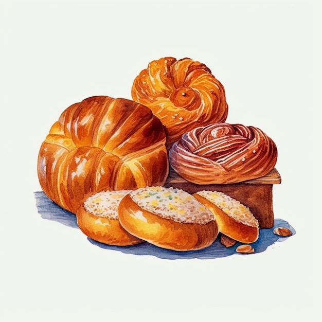 Il y a du pain et des pâtisseries sur une table.