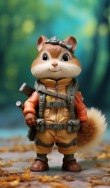 il y a un écureuil jouet avec une arme à feu et un sac à dos ai génératif
