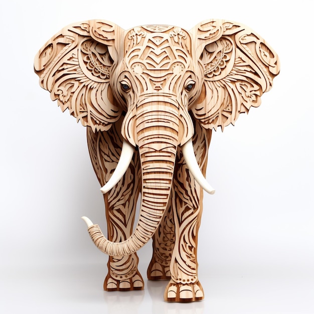 Il y a un éléphant en bois avec des motifs complexes sur lui.