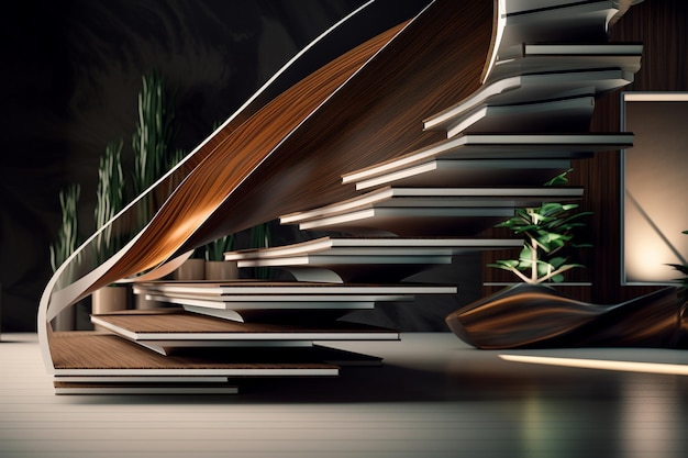il y a un escalier avec un marchepied en bois et une IA générative végétale