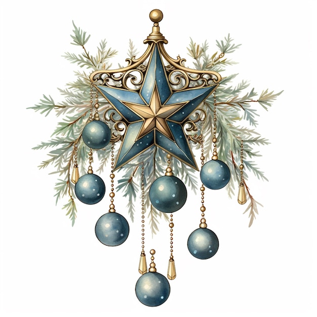 Il y a une étoile bleue accrochée à un arbre de Noël.