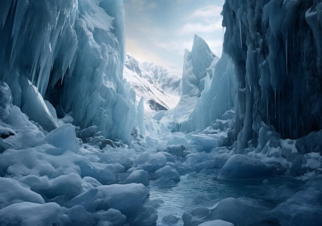 Il y a un étroit jet d'eau qui traverse une grotte gelée ai générative