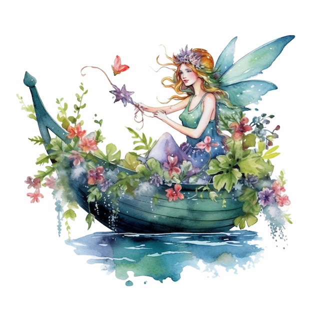 Il y a une fée assise sur un bateau avec des fleurs et des papillons.