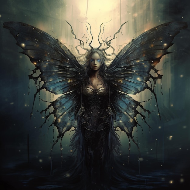 il y a une femme avec des ailes de papillon debout dans l'obscurité ai générative