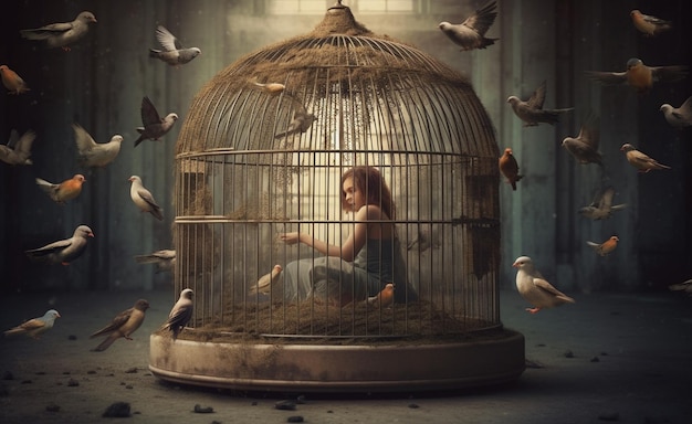 Il y a une femme assise dans une cage d'oiseaux entourée d'oiseaux.