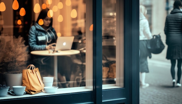 Il y a une femme assise à une table avec un ordinateur portable dans une fenêtre ai générative