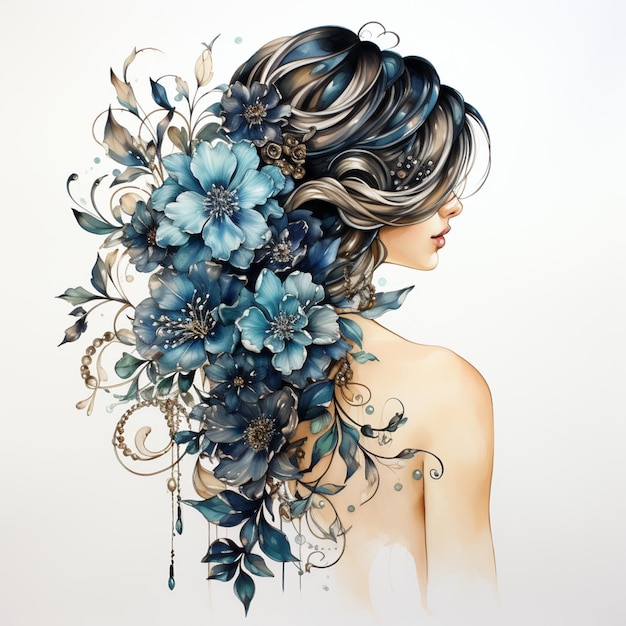 Il y a une femme avec des cheveux en fleurs et une fleur bleue générative ai