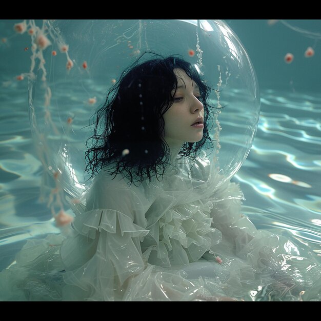 Photo il y a une femme dans une bulle flottant dans une piscine générative ai