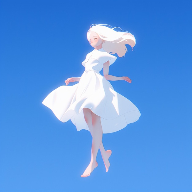 Il y a une femme dans une robe blanche qui vole dans l'air.