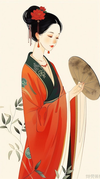 Photo il y a une femme dans une robe de kimono tenant un ventilateur génératif ai