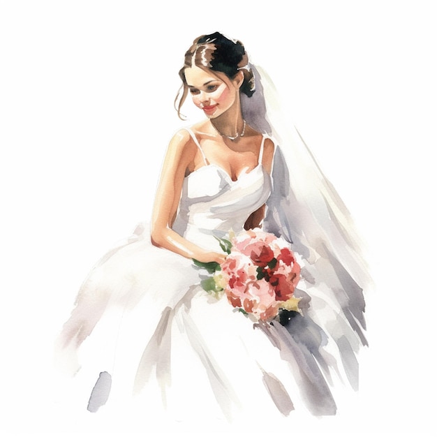 Il y a une femme dans une robe de mariée tenant un bouquet génératif ai