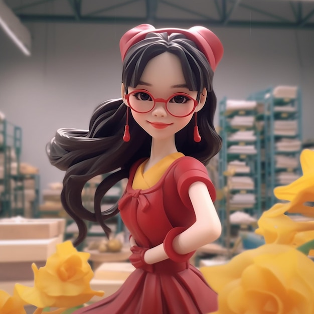 Il y a une femme dans une robe rouge et des lunettes rouges debout dans une pièce avec des fleurs jaunes générative ai