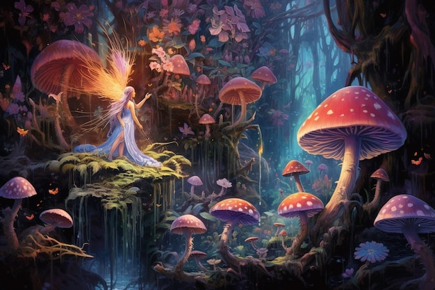 Il y a une femme debout dans une forêt avec des champignons génératifs ai