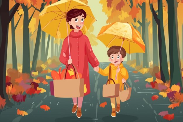 Il y a une femme et un enfant qui se promènent dans les bois avec des parapluies.