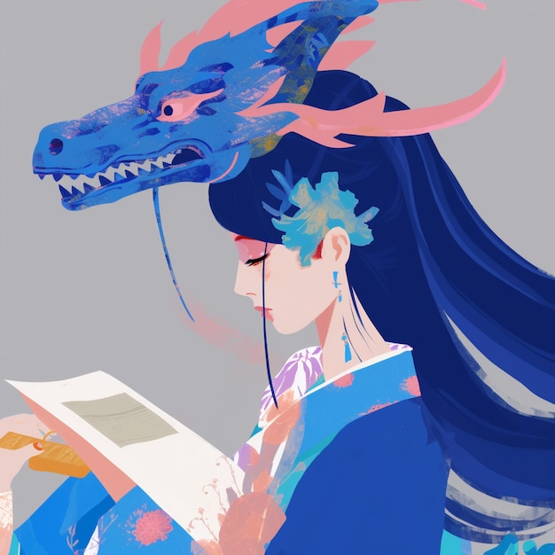 Photo il y a une femme qui lit un livre avec une tête de dragon sur sa tête.