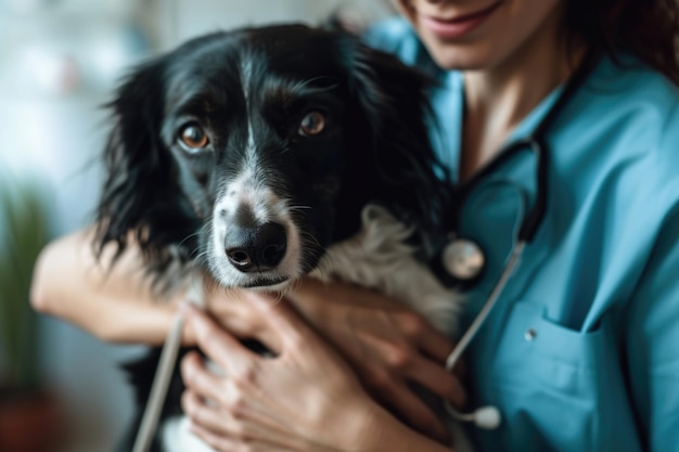 Il y a une femme qui tient un chien dans ses bras.