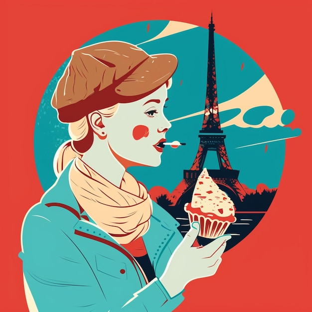 Il y a une femme qui tient un cupcake devant la tour Eiffel.