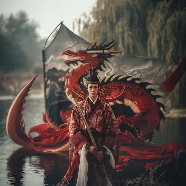 Photo il y a une femme en robe rouge tenant un dragon génératif ai
