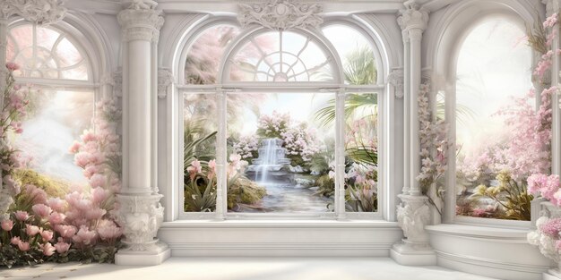il y a une fenêtre avec une cascade et des fleurs dedans IA générative