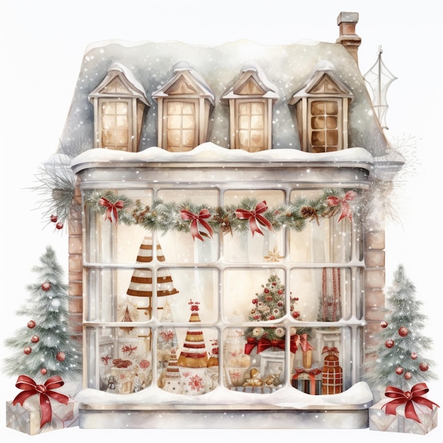 Il y a une fenêtre de Noël avec un gâteau et des décorations dessus.