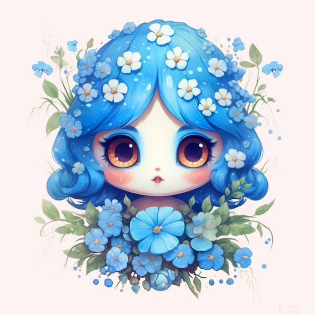 Il y a une fille aux cheveux bleus avec des fleurs bleues sur la tête ai générative