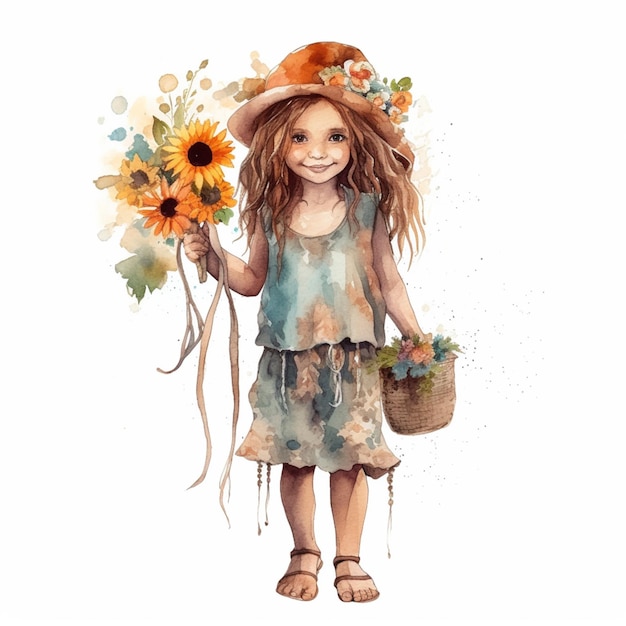 il y a une fille avec un chapeau et des tournesols tenant un panier ai générative