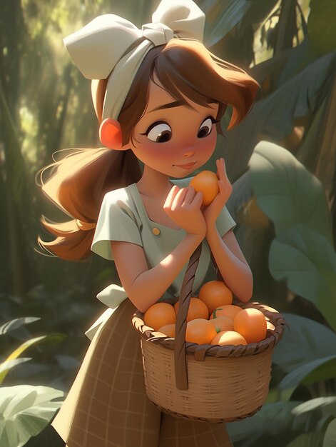 il y a une fille de dessin animé tenant un panier d'oranges ai génératif