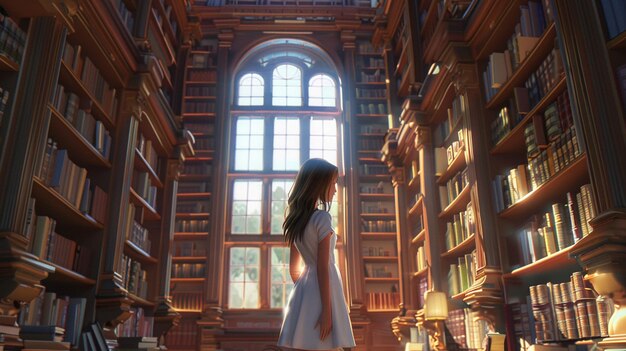Il y a une fille qui se tient dans une bibliothèque et regarde des livres.
