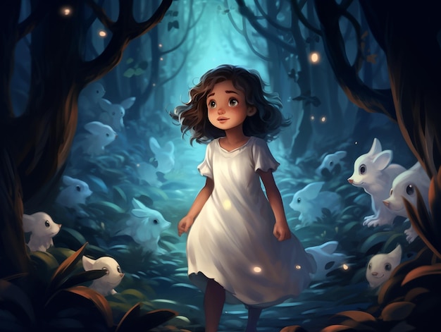 il y a une fille en robe blanche debout dans une forêt ai générative