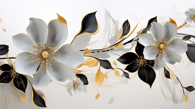 il y a une fleur blanche et noire avec des feuilles d'or dessus ai générative