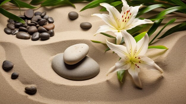 il y a une fleur blanche et une pierre dans le sable ai génératif