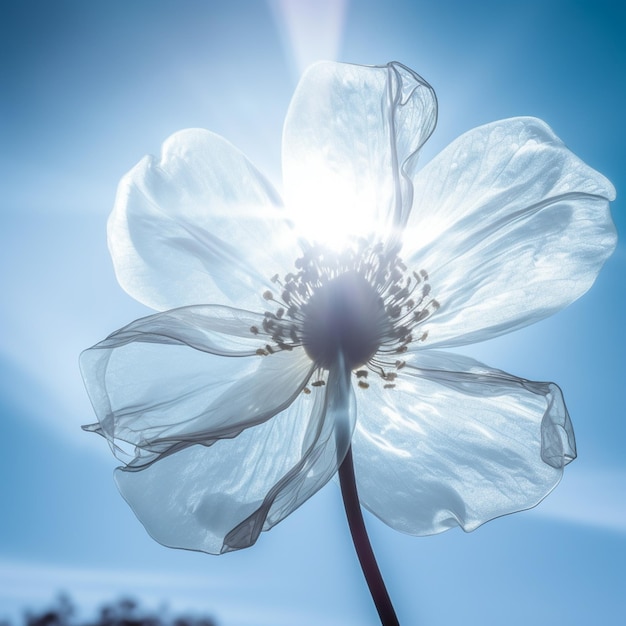 Il y a une fleur blanche avec un soleil qui brille à travers elle