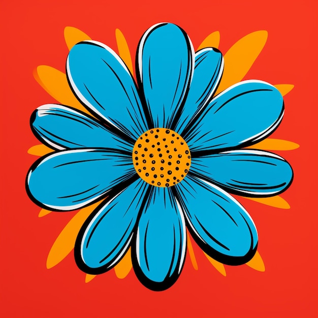 Il y a une fleur bleue avec un centre jaune sur un fond rouge.