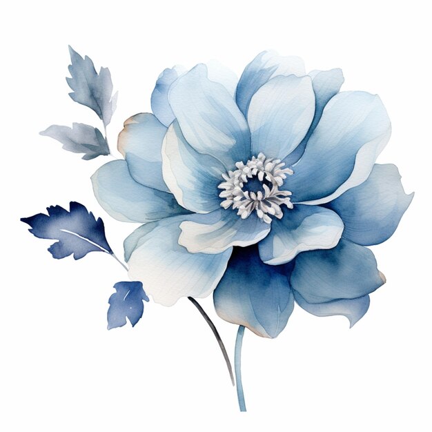 Il y a une fleur bleue avec des feuilles sur un fond blanc.