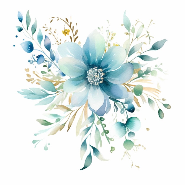 Il y a une fleur bleue avec des feuilles vertes et des baies bleues ai générative