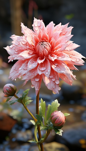 il y a une fleur rose qui pousse dans l'eau générative ai