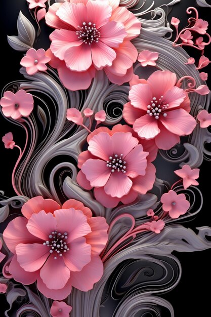 il y a une fleur rose avec des tourbillons argentés sur fond noir ai générative