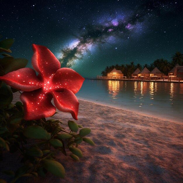 Il y a une fleur rouge qui est sur la plage par le générateur d'eau ai