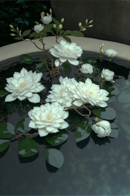 Il y a des fleurs de jasmin blanches flottantes dans le réservoir d'eau générative ai