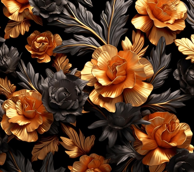 Il y a un fond floral noir et or avec des fleurs d'or ai générative